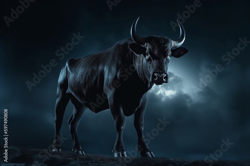 Bull on a hill at night looking to the camera
