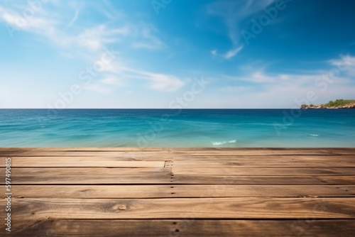 Wooden platform with ocean beach background, clear blue sky, graphic resource for product display or advertising mock up