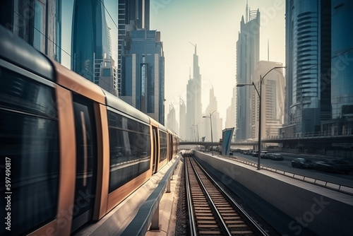 Metro in Dubai, UAE. Public transport with skyscrapers and city skyline in background.