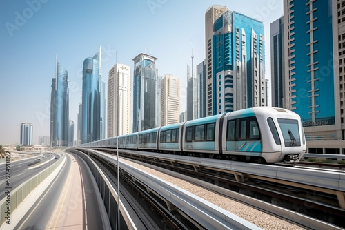 Metro in Dubai  UAE. Public transport with skyscrapers and city skyline in background.