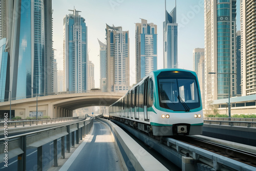 Metro in Dubai, UAE. Public transport with skyscrapers and city skyline in background.