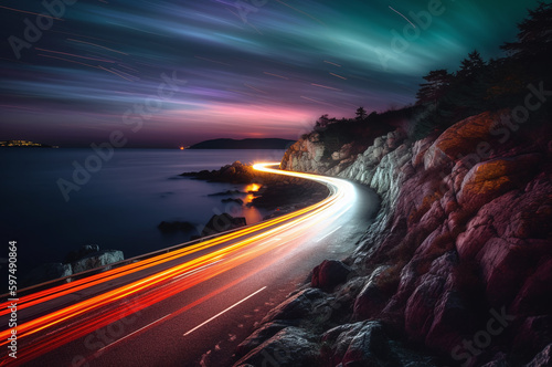 Night sea road long exposure 