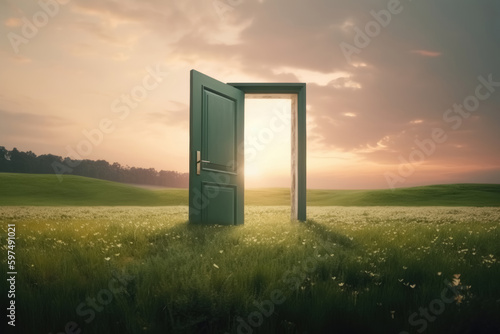 An open door stands in a green landscape created with generative AI technology. photo