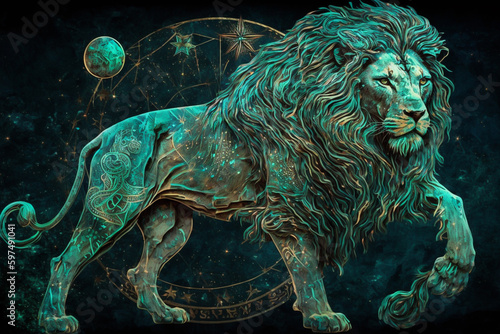 Illustration of colorful neon glowing leo zodiac sign  generative ai.