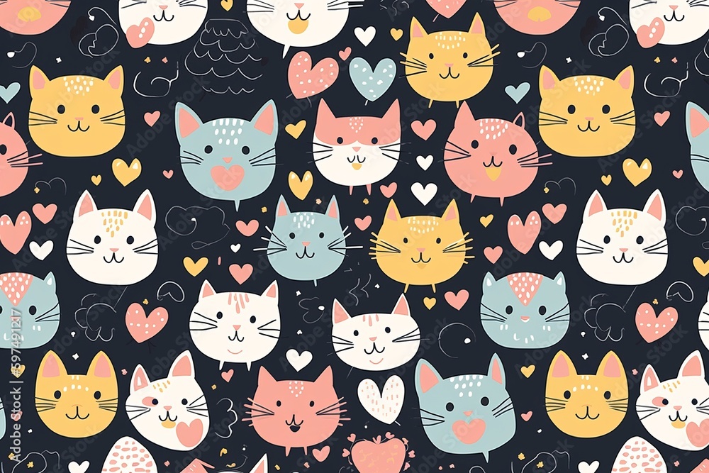An enchanting seamless pattern that celebrates the irresistible cuteness of cat faces. The pattern showcases a variety of stylized cat faces, seamless pattern with cats blue background, Generative AI