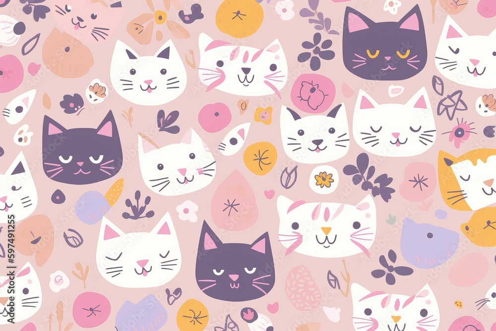 An enchanting seamless pattern that celebrates the irresistible cuteness of cat faces. The pattern showcases a variety of stylized cat faces, seamless pattern with cats pink background, Generative AI An enchanting seamless pattern that celebrates the irresistible cuteness of cat faces. The pattern showcases a variety of stylized cat faces, seamless pattern with cats pink background, Generative AI