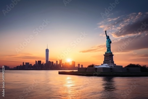 Skyline of Manhattan during sunset in New York with the big Statue of Liberty created with generative AI technology.