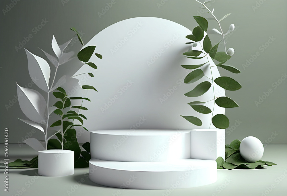 3D render beautiful white podium for products display backdrop, templates with natural green leaves plant twig, sunlight Made By Generative AI 3D render beautiful white podium for products display backdrop, templates with natural green leaves plant twig, sunlight Made By Generative AI