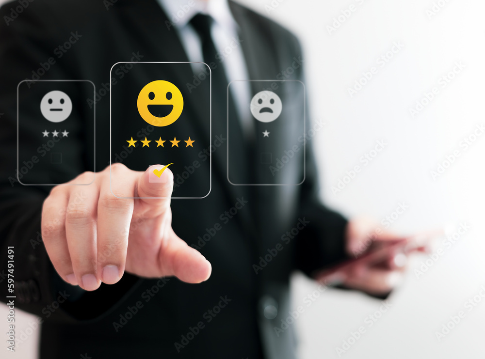 Customer service and satisfaction concept, customers give very good satisfaction rating on the touch screen. Customer service and satisfaction concept, customers give very good satisfaction rating on the touch screen.