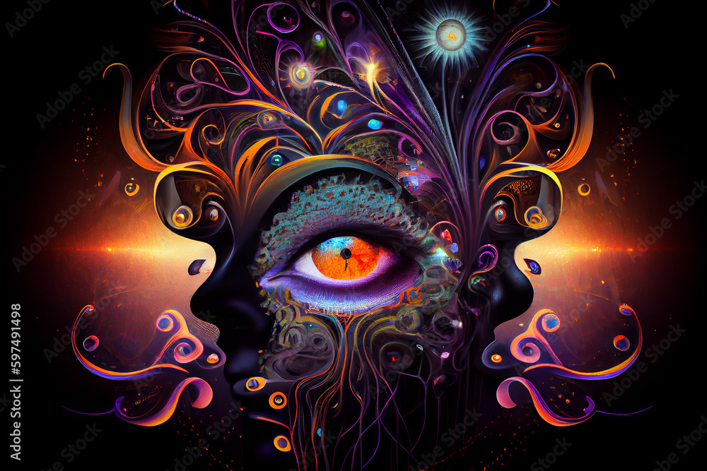 DMT visual imagery, colorful abstract mystical art, close up portrait of eyes on hallucinogenic psychedelics. Concept of shamanism and spiritual experience.