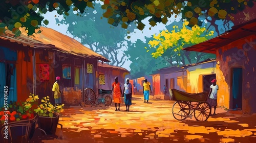 illustration of evening sunset at rural countryside African village with people walking on street, idea for home wall decor picture, Generative Ai