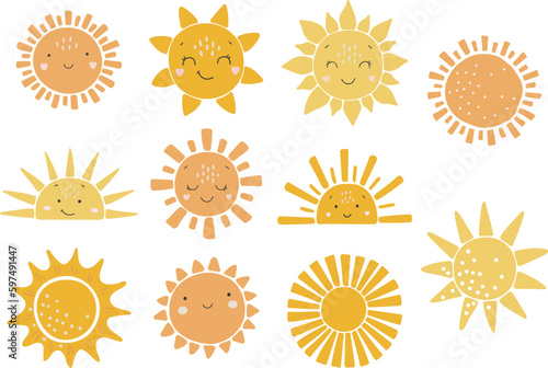 Abstract sun vector set, baby sun illustration, boho sunshine set, baby vector, children illustration, cute sun with face