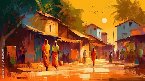illustration of evening sunset at rural countryside African village with people walking on street, idea for home wall decor picture, Generative Ai © QuietWord