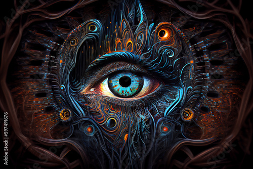 DMT visual imagery, colorful abstract mystical art, close up portrait of eyes on hallucinogenic psychedelics. Concept of shamanism and spiritual experience. © Artofinnovation
