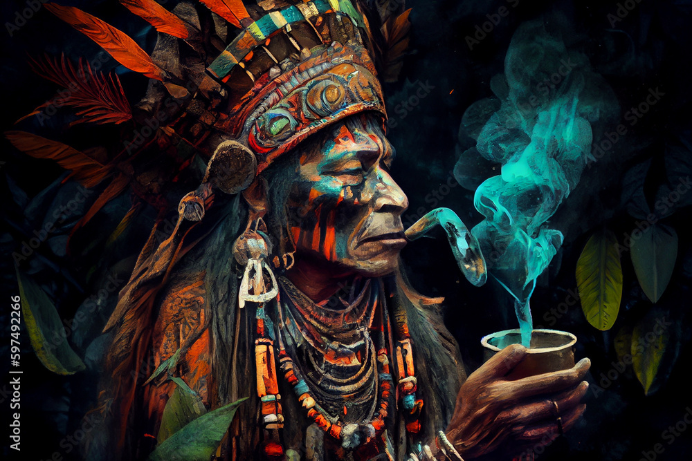 Image of shaman before preparing psychedelic hallucinogenic ayahuasca,  concept of spiritual practice in amazon jungle. Stock Illustration | Adobe  Stock