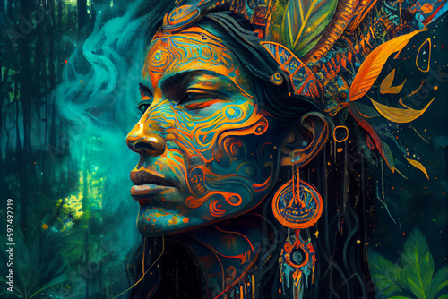 Image of shaman before preparing psychedelic hallucinogenic ayahuasca, concept of spiritual practice in amazon jungle. photo