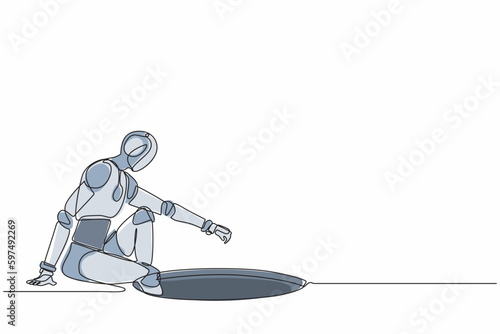 Single one line drawing robot descends into the hole. Future technology development. Artificial intelligence and machine learning processes. Modern continuous line design graphic vector illustration