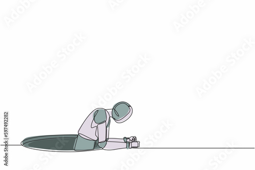 Single continuous line drawing robot trying to get out of from hole. Modern robotic artificial intelligence technology. Electronic technology industry. One line draw graphic design vector illustration