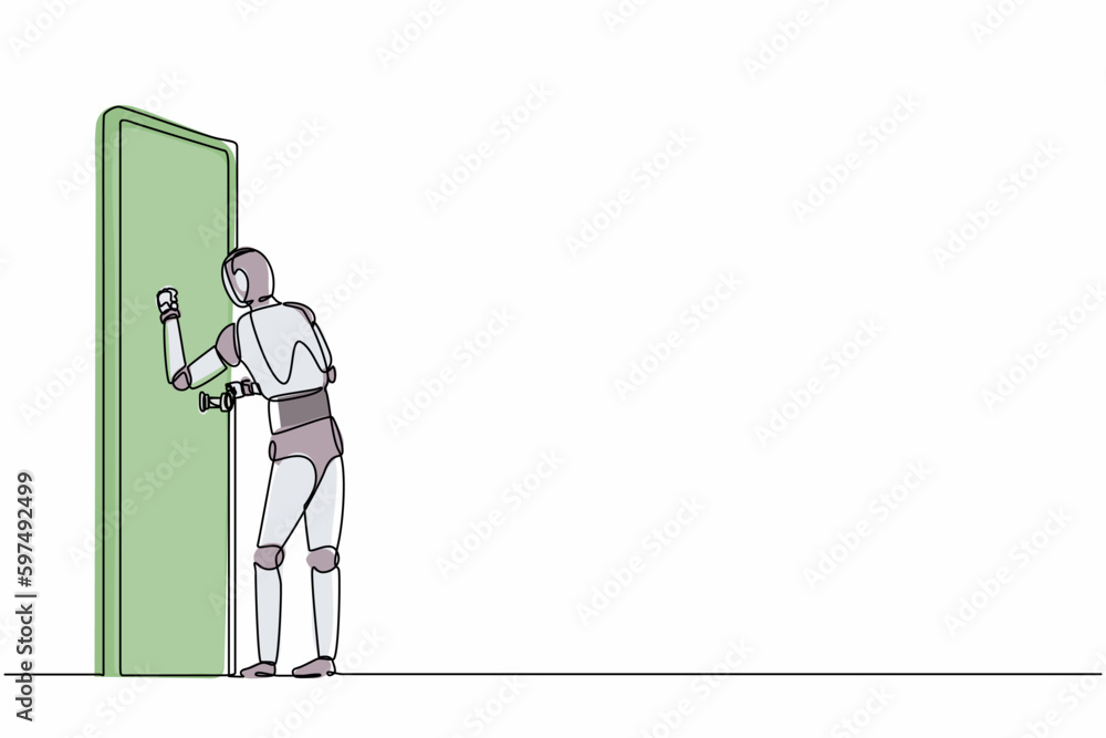 Continuous one line drawing robots standing in front of room and knocking door. Humanoid robot cybernetic organism. Future robotics development concept. Single line design vector graphic illustration Continuous one line drawing robots standing in front of room and knocking door. Humanoid robot cybernetic organism. Future robotics development concept. Single line design vector graphic illustration