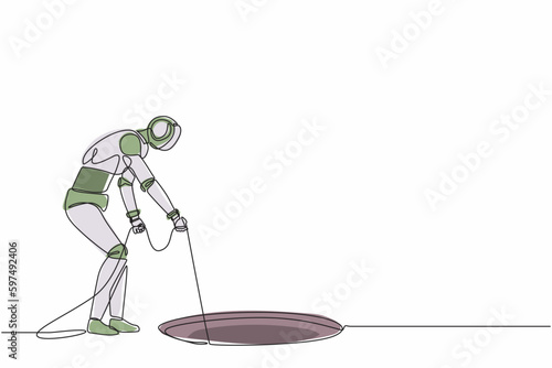 Continuous one line drawing robot stretch out rope into hole. Wondering, looking at hole. Humanoid robot cybernetic organism. Future robotic development. Single line draw design vector illustration