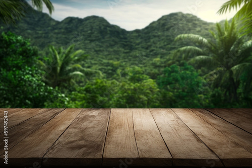 Empty wooden table with green jungle forest background for product presentation and mock up display.