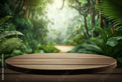 Empty wooden table with green jungle forest background for product presentation and mock up display.