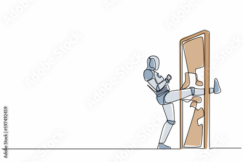 Single one line drawing robot kicking locked door and destroy. Future technology development. Artificial intelligence machine learning process. Continuous line draw design graphic vector illustration