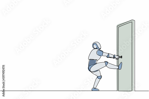 Single one line drawing robot pulling closed door knob with power. Future technology. Artificial intelligence and machine learning process. Continuous line draw design graphic vector illustration