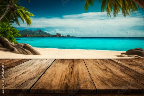 Wooden table on tropical beach background with palm trees, blue sky ocean and sand. Product display presentation banner.