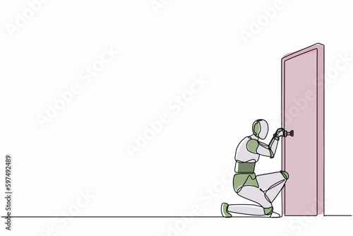 Single continuous line drawing robots prying doorknob with screwdriver. Modern robotics artificial intelligence technology. Electronic technology industry. One line graphic design vector illustration