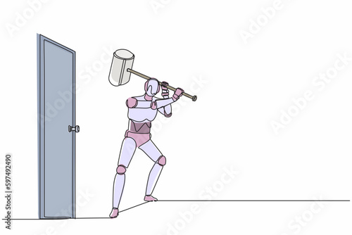 Single continuous line drawing robot holding large hammer to destroying door. Future technology development. Artificial intelligence and machine learning process. One line draw graphic design vector