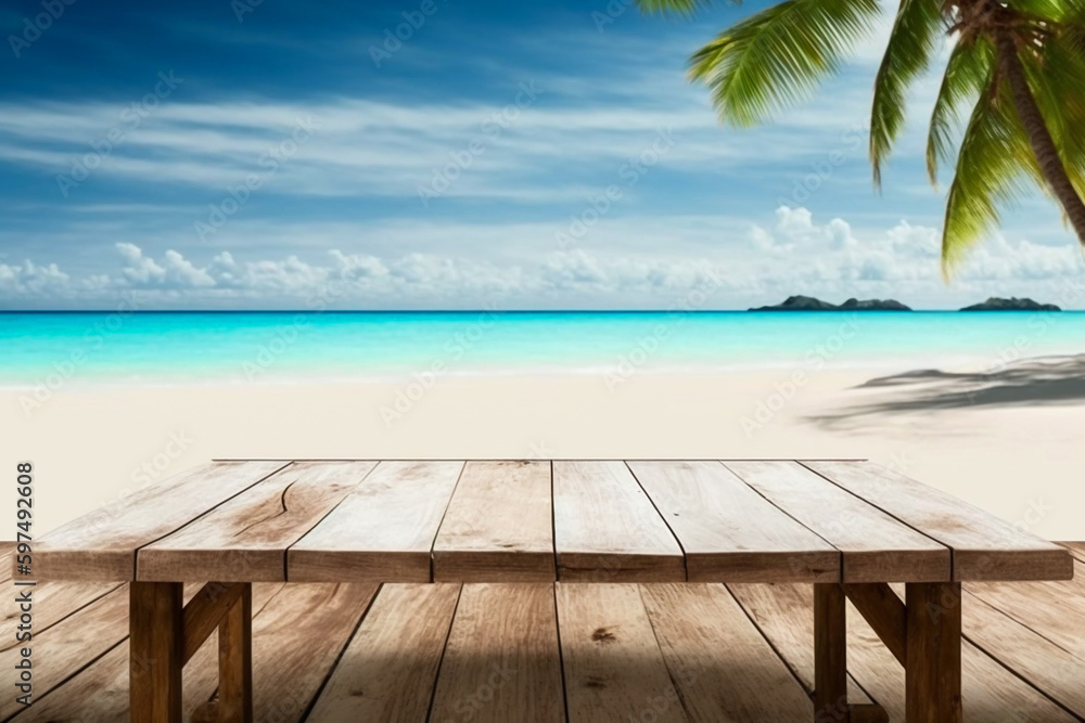 Fototapeta premium Wooden table on tropical beach background with palm trees, blue sky ocean and sand. Product display presentation banner.