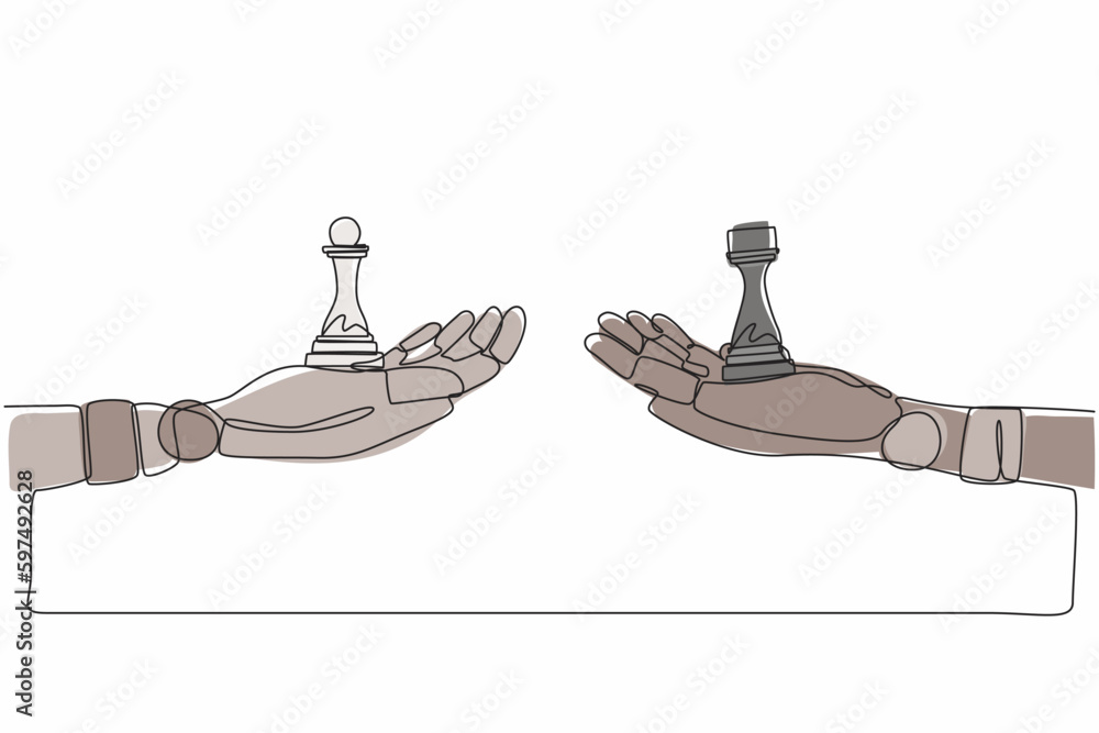 Pawn Rook Draw Single continuous line drawing robots hands with pawn and rook chess ...