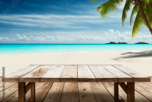 Wooden table on tropical beach background with palm trees, blue sky ocean and sand. Product display presentation banner.