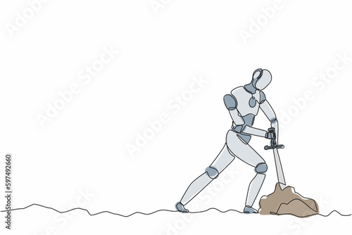 Single one line drawing robot tries to draw stuck excalibur sword from stone. Future technology. Artificial intelligence machine learning process. Continuous line design graphic vector illustration