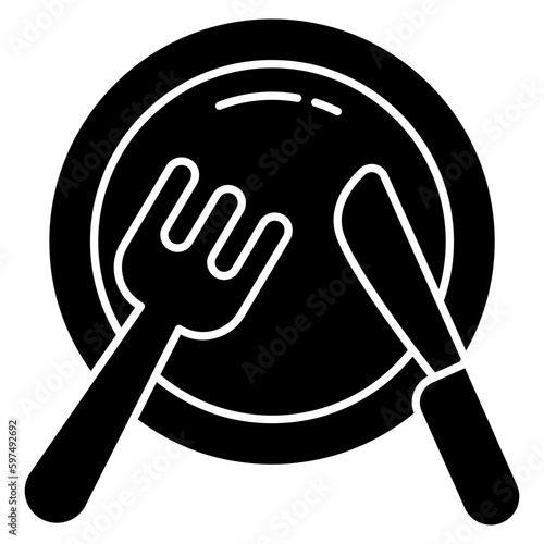 Fork with knife and plate, concept of tableware icon.