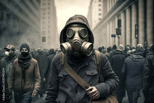 People protesting in the streets with gas mask