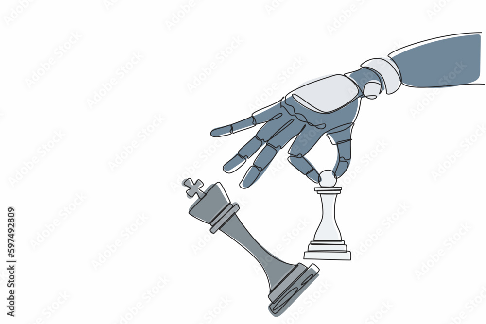 Continuous one line drawing robot hand holding chess pawn to take down chess king. Checkmate. Humanoid robot cybernetic organism. Future robotics development concept. Single line design vector graphic Continuous one line drawing robot hand holding chess pawn to take down chess king. Checkmate. Humanoid robot cybernetic organism. Future robotics development concept. Single line design vector graphic