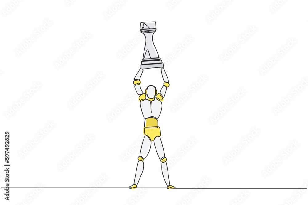 Continuous one line drawing robot standing and lifting up rook chess ...