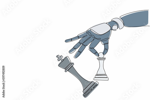 Continuous one line drawing robot hand holding chess pawn to take down chess king. Checkmate. Humanoid robot cybernetic organism. Future robotics development concept. Single line design vector graphic