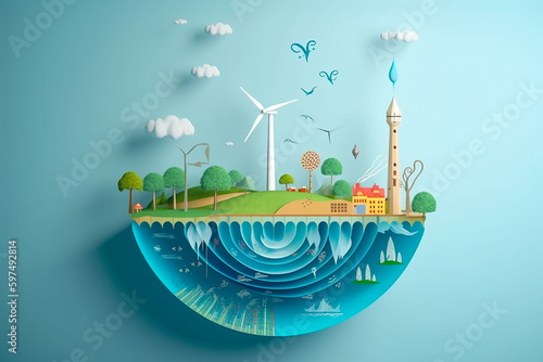 Earth day illustration of our globe, concept of ecology, green energy and sustainable development, carbon reduction solutions 