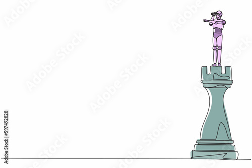 Single one line drawing robot on top of big rook chess piece using monocular. Future technology development. Artificial intelligence and machine learning process. Continuous line design graphic vector