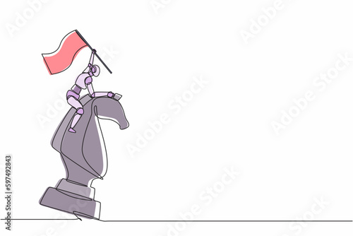 Single one line drawing robot standing on top of big horse knight chess and waving flag. Future technology. Artificial intelligence machine learning process. Continuous line draw design vector graphic