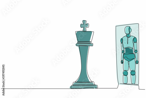 Single continuous line drawing robots standing in front of mirror, reflecting chess king. Modern robotics artificial intelligence. Electronic technology industry. One line draw graphic design vector