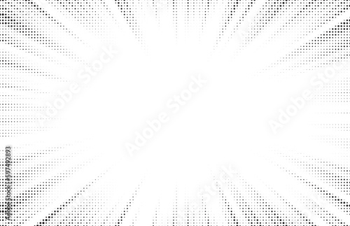 Halftone comics background. Abstract lines backdrop. Design frames for title book. Texture explosive polka. Beam action. Pattern motion flash. Rectangle fast boom zoom. Vector illustration.