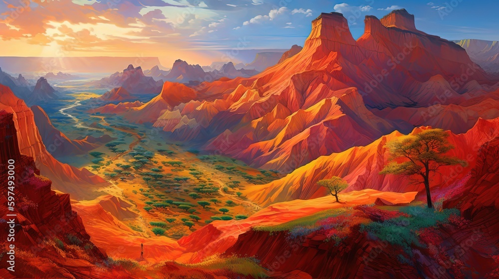 rock mountain landscape illustration, Generative Ai