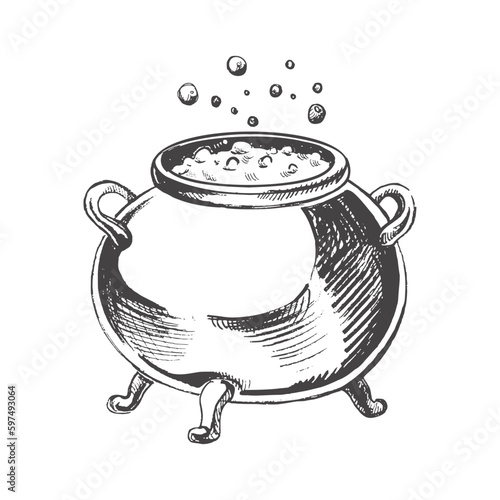 Halloween cauldron  isolated  on white background. Hand drawn vector sketch doodle graphic illustration. Halloween party, holiday, cloth, print, icon, logo, paper, decor.