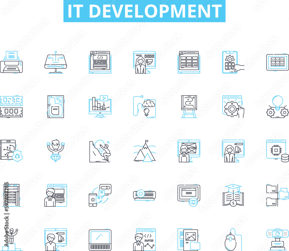 IT development linear icons set. Coding, Programming, Debugging, Testing, Deployment, Integration, Agile line vector and concept signs. Database,Cybersecurity,Cloud outline illustrations Generative AI