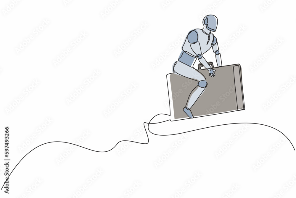 Single continuous line drawing robot riding and flying with briefcase rockets. Humanoid robot cybernetic organism. Future robotics development concept. One line draw graphic design vector illustration Single continuous line drawing robot riding and flying with briefcase rockets. Humanoid robot cybernetic organism. Future robotics development concept. One line draw graphic design vector illustration