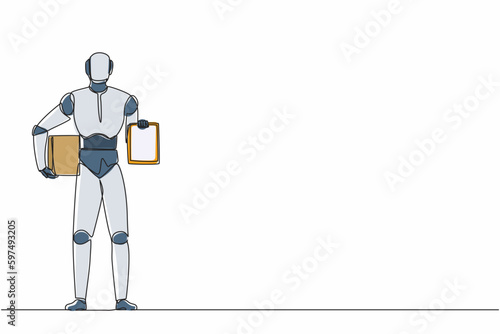 Single continuous line drawing robot holding boxes and clipboard with documents. Modern robotics artificial intelligence technology. Electronic technology industry. One line draw graphic design vector